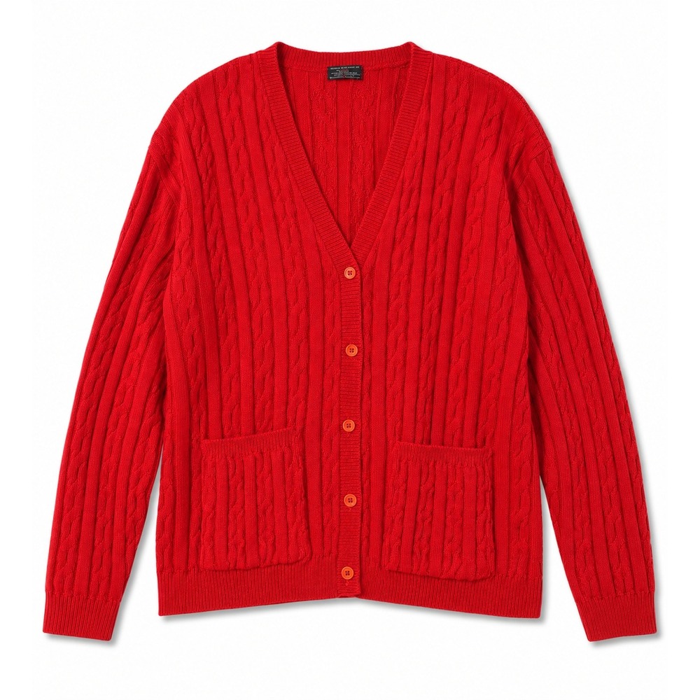 Vtg L Disney Image Maker Cardigan Sweater Chunky Cable Knit Red Walt Disney Co